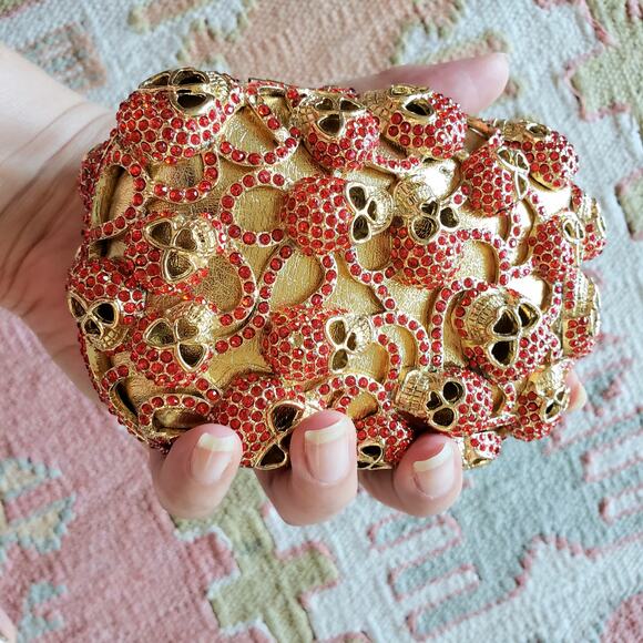 Halloween 80's In's Golden Skulls Clutch w Strap - Picture 1 of 5